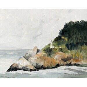 Original Oil Painting Oregon Coast Haceta Head Lighthouse Seascape 8x10" Signed